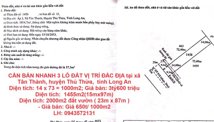 CẦN BÁN NHANH 3 LÔ ĐẤT VỊ TRÍ ĐẮC ĐỊA tại xã Tân Thành, huyện Thủ Thừa,  tỉnh Long An